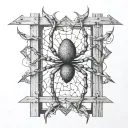 An abstract representation of a spider intertwined with cybersigilism symbols on a fence tattoo design idea