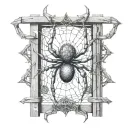 An abstract representation of a spider intertwined with cybersigilism symbols on a fence tattoo design idea