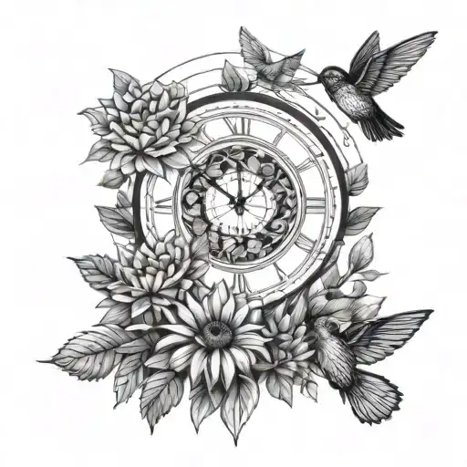 TREE OF LIFE, CLOCK, HUMAN, SUNFLOWERS, PHOENIX, HUMMINGBIRD tattoo design idea