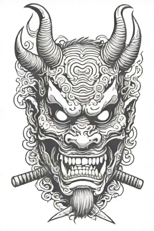 Oni mask spirit animal characteristics sharp teeth head only facing me with katana included tattoo design idea