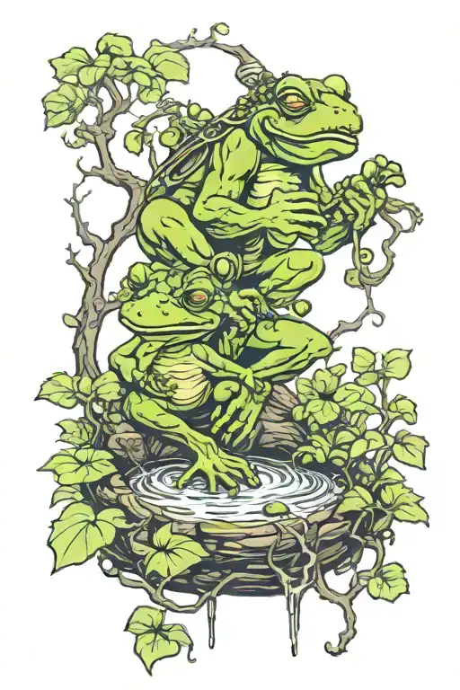 troll and frog in a mythical forest scene tattoo design idea