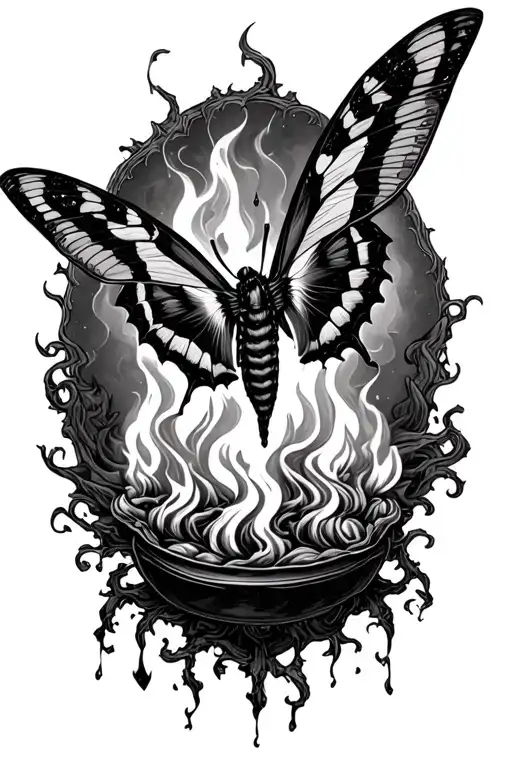 funeral pyre with a moths presence. smoky ambience  tattoo design idea