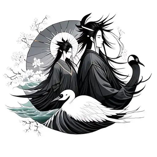 japanese gods amaterasu and tsukuyomi  in a geometric style tattoo in their human form. waves, cherry blossoms, swan tattoo design idea