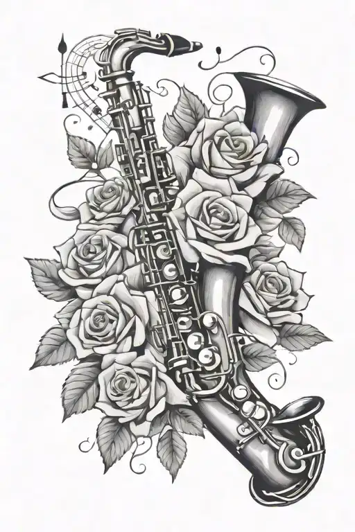 Alto Saxophone music notes and roses wrapped loosely tattoo design idea