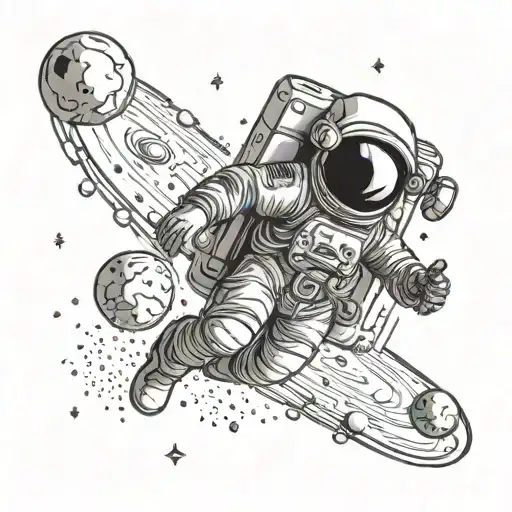 simple astronaut floating in space with planets and galaxies around him tattoo design idea