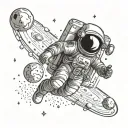 simple astronaut floating in space with planets and galaxies around him tattoo design idea