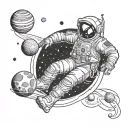 simple astronaut floating in space with planets and galaxies around him tattoo design idea