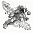 simple astronaut floating in space with planets and galaxies around him tattoo design idea