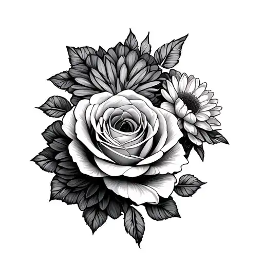 Mandala, honeycomb abstract, two roses, one chrysanthemum, black and grey geometrical style  tattoo design idea
