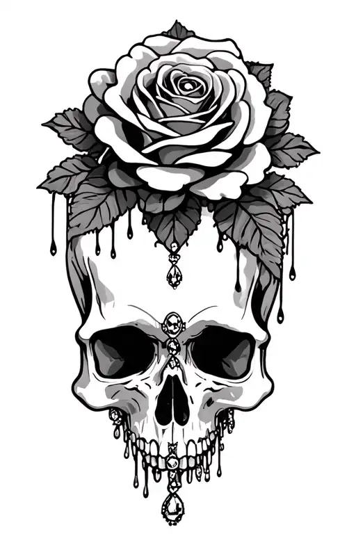 skull roses vintage lace dripping jewels tattoo design idea