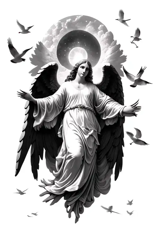 angel with heavens gates doves flying tattoo design idea