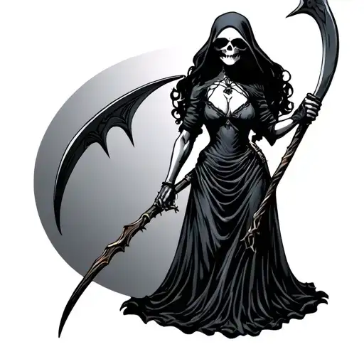 a female grim reaper in a black dress holding a scythe tattoo design idea