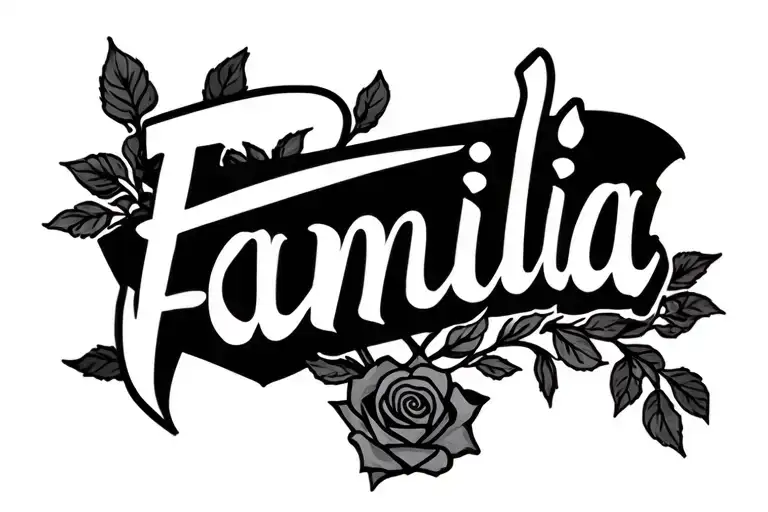 Written "Familia" in Chicano style with a realistic style rose on the external forearm tattoo design idea