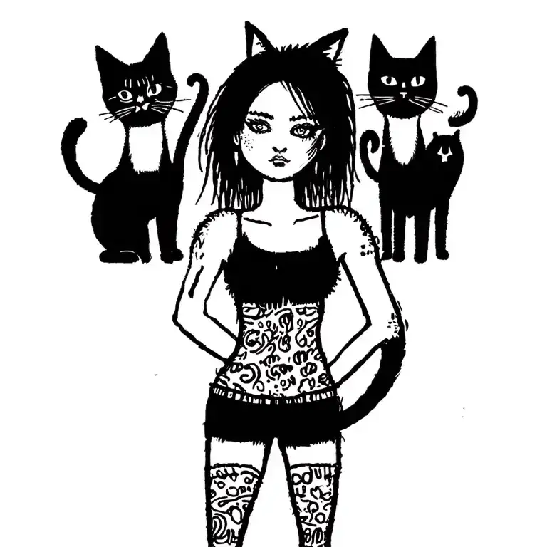 woman punk with gang of cats tattoo design idea