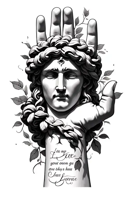 Greek statues face on hand the vines going up the wrist with Greek quote about love going along the vines tattoo design idea