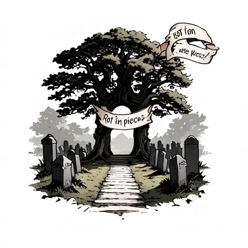 graveyard with a path through the middle. under the grave yard a banner that says rot in pieces. big tree in background tattoo design idea