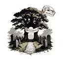 graveyard with a path through the middle. under the grave yard a banner that says rot in pieces. big tree in background tattoo design idea