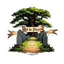 graveyard with a path through the middle. under the grave yard a banner that says rot in pieces. big tree in background tattoo design idea