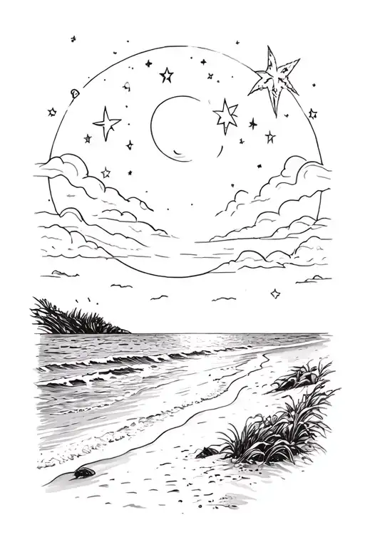 ocean beach themed starry night scene tattoo design idea
