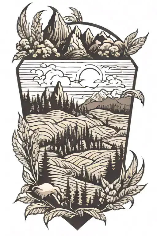 forested mountains with burning cornfield in the background tattoo design idea