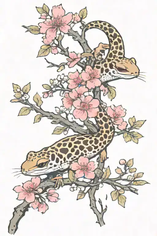 two leopard geckos on a branch with cherry blossoms at each end tattoo design idea