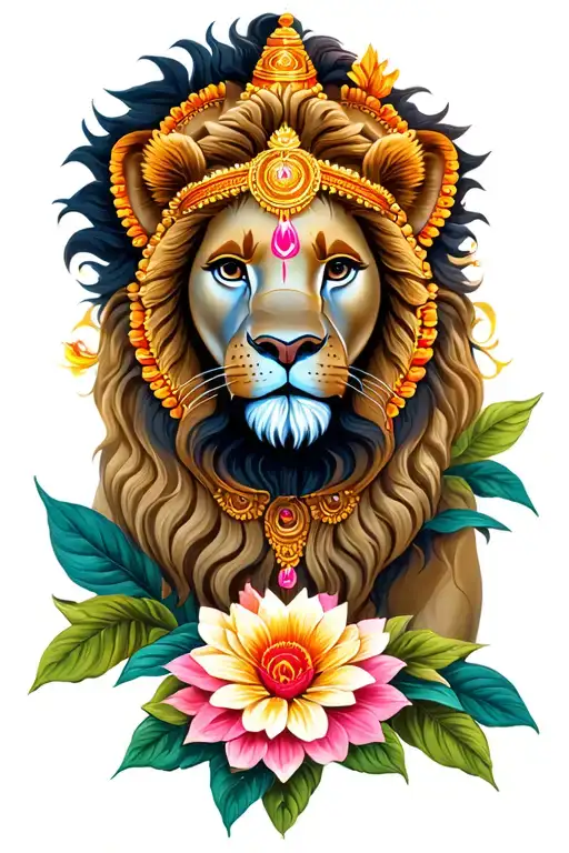 Hindu god, tamil flower, lion tattoo design idea