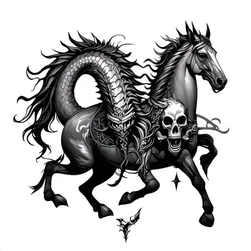 dragons death on horse and skulls  tattoo design idea