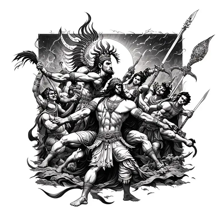 lord Karna back side engaged in battle scene tattoo design idea