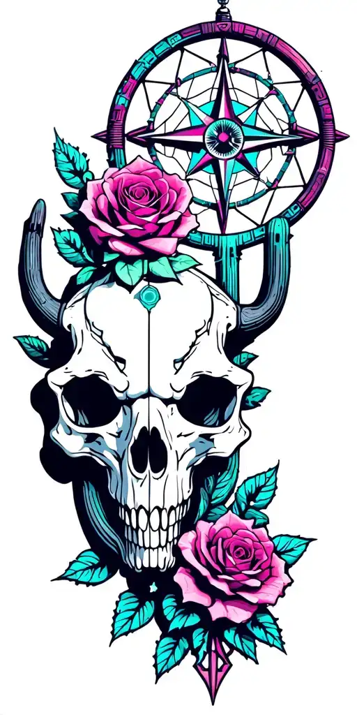 Metal, Southwest, Sunset, Cactus, Dead Roses, Compass, Dreamcatcher, Cybernetic Snake, Longhorn skull tattoo design idea