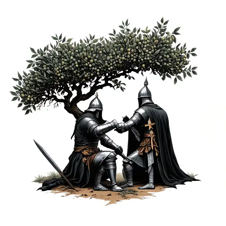 Knights Templar kneeling at an olive tree  tattoo design idea