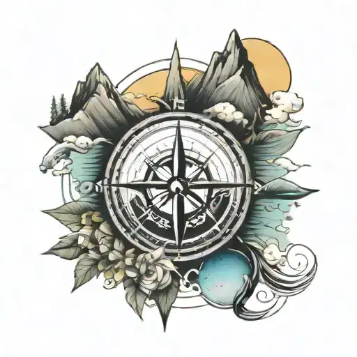 directional compass with mountain,sun,sea ,moon tattoo design idea