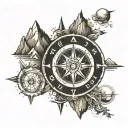 directional compass with mountain,sun,sea ,moon tattoo design idea
