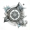 directional compass with mountain,sun,sea ,moon tattoo design idea