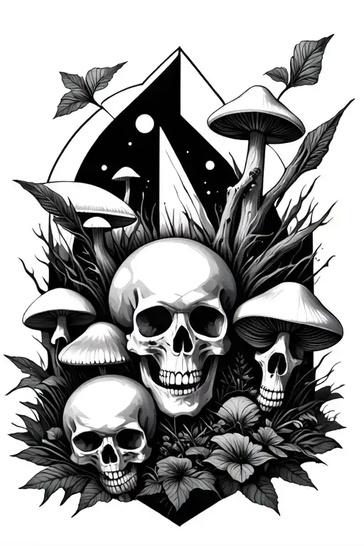 nature and mushrooms and skulls in geometric shape in space  tattoo design idea
