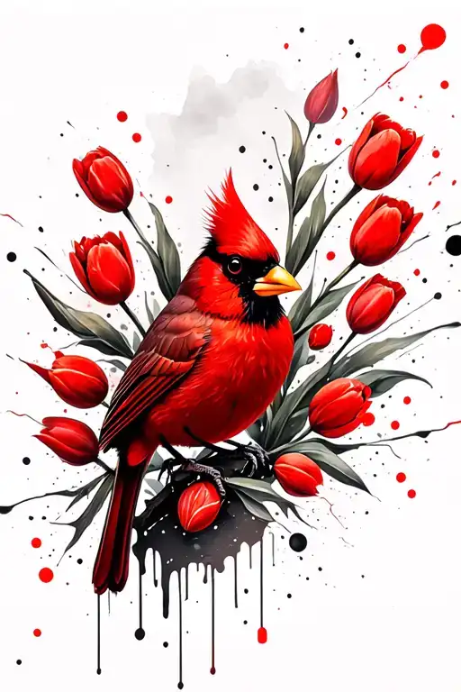 cardinal bird with tulips tattoo design idea