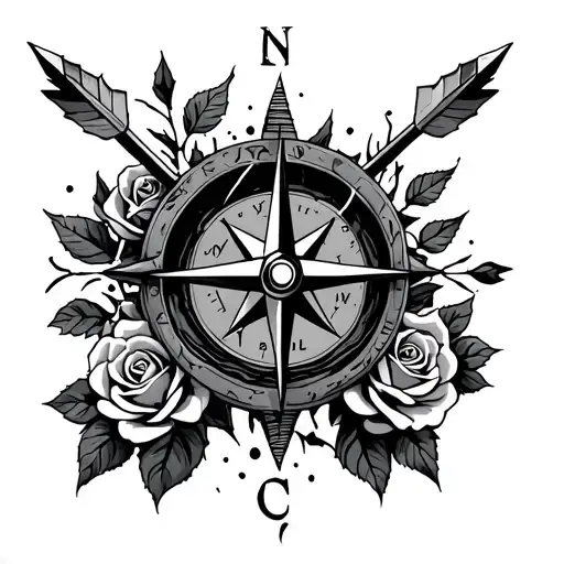 compass with broken arrows, and roses tattoo design idea