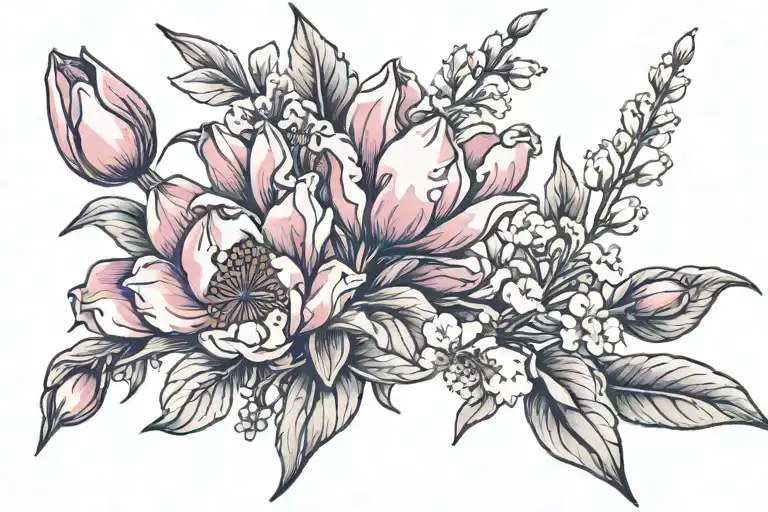 two red tulips, peach blossom, purple lyliac, rhododendron tattoo design idea