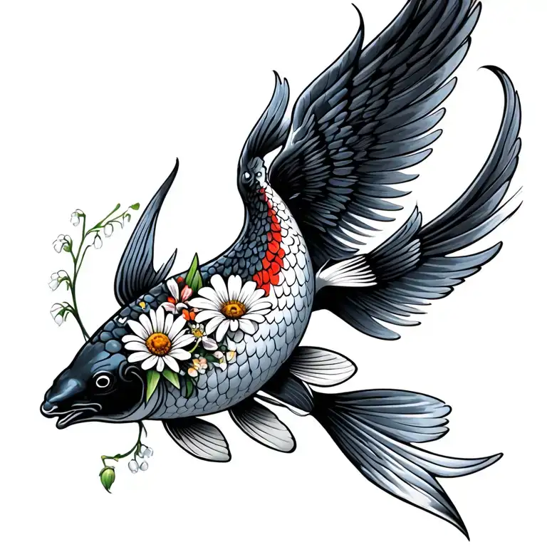 jumping black koi with phoenix wings, upright, bouquet with an aster, a daisy, a lily of the valley, wave tattoo design idea