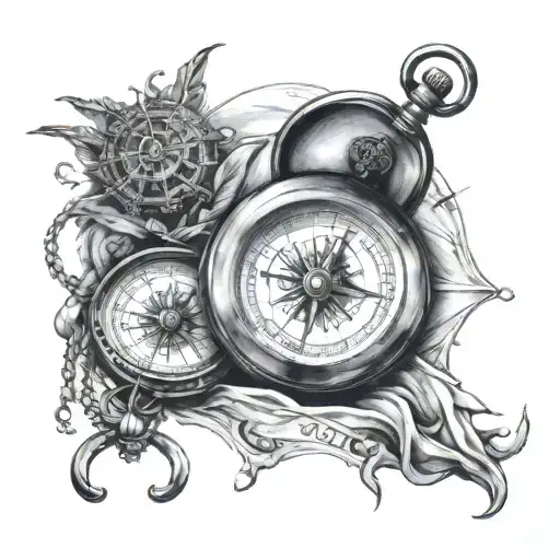 compass and pocket watch tattoo design idea