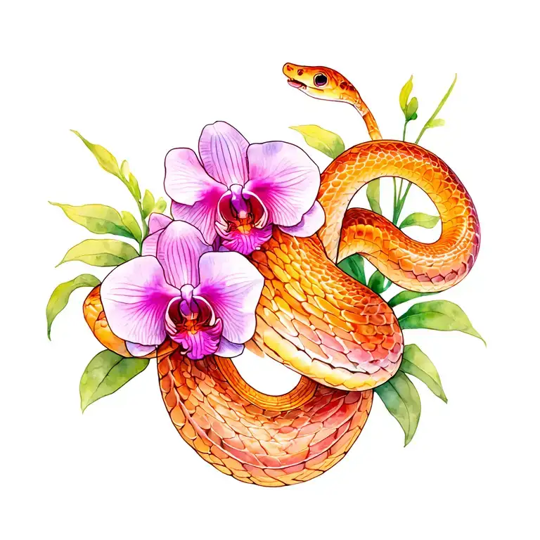 snake and orchids tattoo design idea