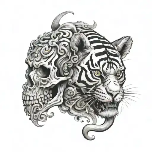 skull and tiger, artsy, music, Aries zodiac, rape survivor, drug addiction survivor  tattoo design idea
