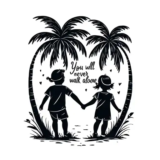 "You will never walk alone" brother and sister toddler walking under palm trees holding hands  tattoo design idea