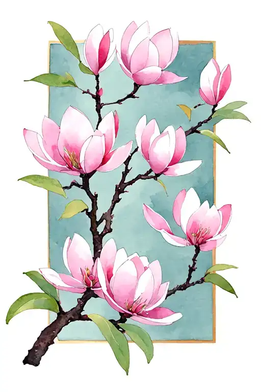 A Japanese-inspired illustration featuring a delicate branch with vertically arranged soft pink magnolia blossom framed tattoo design idea