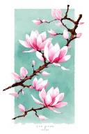 A Japanese-inspired illustration featuring a delicate branch with vertically arranged soft pink magnolia blossom framed tattoo design idea