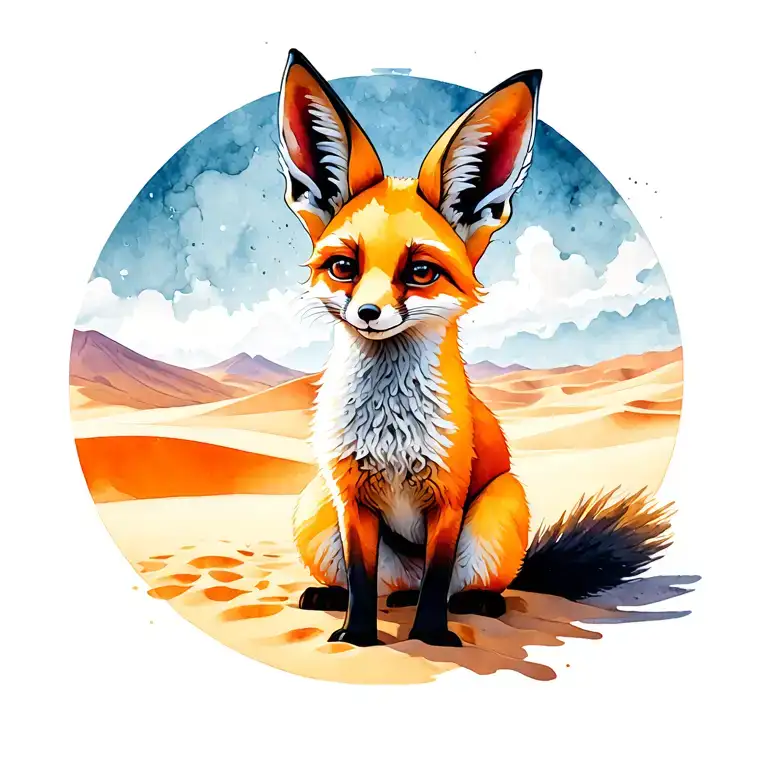 A playful fennec fox in a sunlit desert, glowing sand and big sky. Bold digital style, warm tones, energetic and golden. tattoo design idea