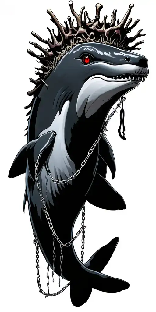 A regal dark whale with a coral and bone crown, eyes glowing red.Chains and harpoons hang broken from its body as it dr tattoo design idea