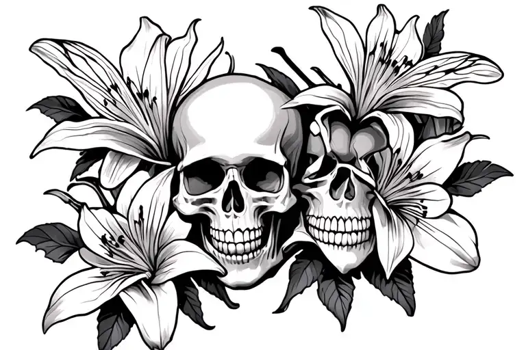skulls lilys bees chest piece tattoo design idea