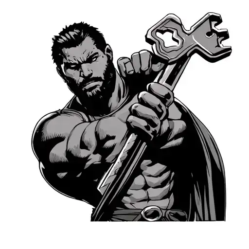 A minimalistic comic spartacus with an ikea allen key in his hand tattoo design idea
