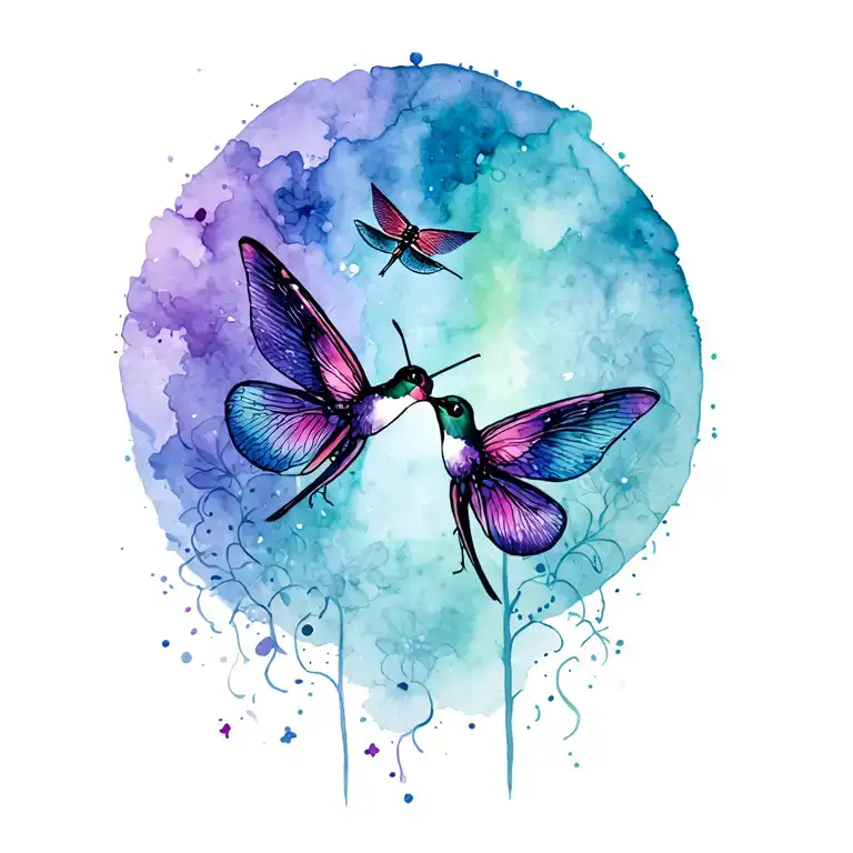 butterfly, dragonfly, hummingbird hovering tattoo design idea