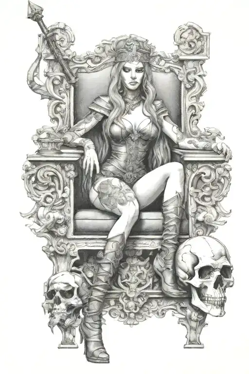 Dom goddess sitting on throne, wearing high heel boots, legs spread, holding Viking skull. Olivia De Berardinis style tattoo design idea